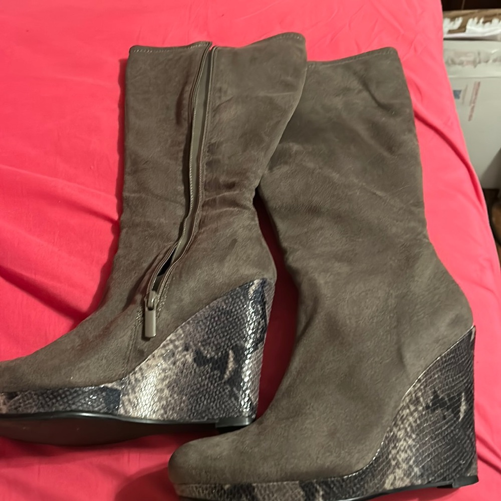 Knee high boots with wedge snake print heel size 8